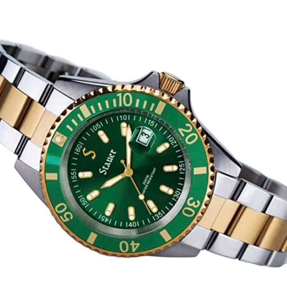 Stauer Evergreen Green And Gold Diver Watch. Euc. Needs Battery
